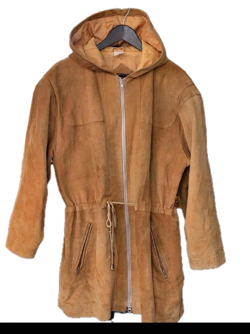 Vintage Suede Hooded Drawstring Jacket in Tan. 1990's padded drop shpulder fit.